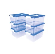Jovi Pack de 6 Baules para Almacenaje Escolar 280x190x130mm - Ideal para Material Escolar y Juguetes - Facil de Apilar - Cuerpo Transparente con Tapa Azul