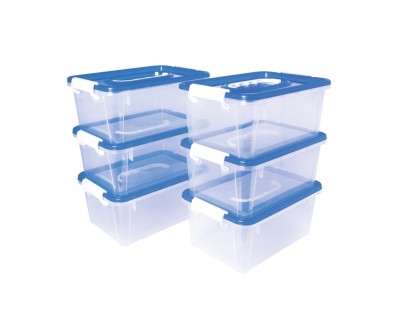 Jovi Pack de 6 Baules para Almacenaje Escolar 280x190x130mm - Ideal para Material Escolar y Juguetes - Facil de Apilar - Cuerpo Transparente con Tapa Azul
