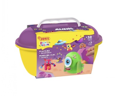 Jovi Play & Fun Cofre Aliens con 24 Barras de Plastilina 15gr + Modeladores + Recortables - Sin Gluten - Base Vegetal - No se Seca - Colores Surtidos