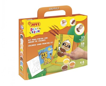 Jovi Play & Fun Kit Pinta con Arena Animals con 8 Botes de Arena + 1 Punzon + 3 Laminas con Dise&ntilde;os de Animales Terrestres - Colores Surtidos