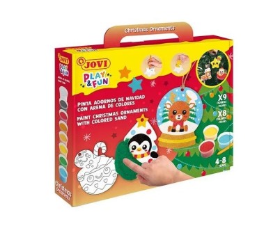 Jovi Play & Fun Kit Pinta con Arena Christmas Ornaments con 8 Botes de Arena + 1 Punzon + 3 Laminas con Dise&ntilde;os Navide&ntilde;os - Colores Surtidos