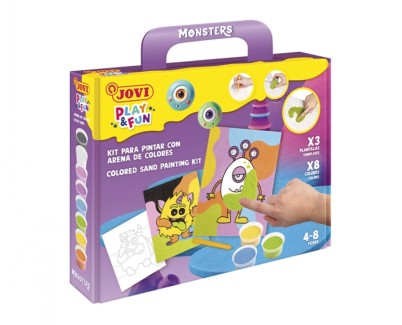Jovi Play & Fun Kit Pinta con Arena Monsters con 8 Botes de Arena + 1 Punzon + 3 Laminas con Diseños de Monstruos - Colores Surtidos