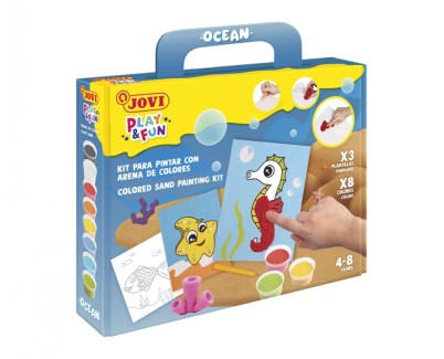 Jovi Play & Fun Kit Pinta con Arena Ocean con 8 Botes de Arena + 1 Punzon + 3 Laminas con Dise&ntilde;os de Animales Acuaticos - Colores Surtidos