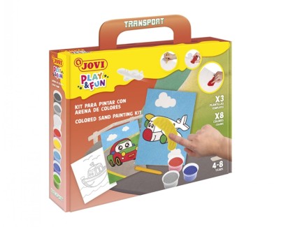 Jovi Play & Fun Kit Pinta con Arena Transport con 8 Botes de Arena + 1 Punzon + 3 Laminas con Dise&ntilde;os de Transportes - Colores Surtidos