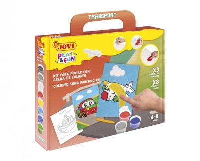 Jovi Play & Fun Kit Pinta con Arena Transport con 8 Botes de Arena + 1 Punzon + 3 Laminas con Diseños de Transportes - Colores Surtidos