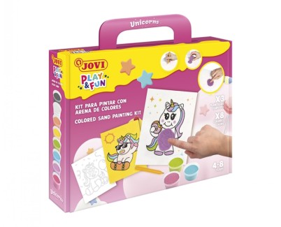 Jovi Play & Fun Kit Pinta con Arena Unicorns con 8 Botes de Arena + 1 Punzon + 3 Laminas con Dise&ntilde;os de Unicornios - Colores Surtidos