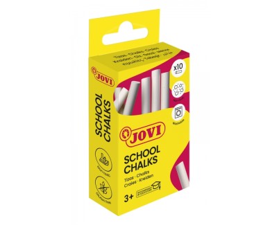 Jovi School Chalks Caja con 10 Tizas Blancas - Compactas - sin Polvo - Materias Primas Naturales - Trazos Nitidos - Faciles de Borrar - Muy Resistentes - Poco Resto de Polvo - Color Blanco