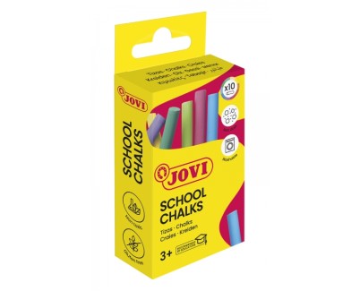 Jovi School Chalks Caja de 10 Tizas - Compactas - sin Polvo - Materias Primas Naturales - Trazos Nitidos - Faciles de Borrar - Resistentes - Poco Resto de Polvo - Color Surtido