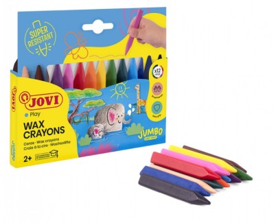 Jovi Triwax Estuche de 12 Ceras Triangulares - No Manchan - Trazo Suave - Gran Rendimiento - Apto para Sacapuntas - Libre de Alergenos - Colores Surtido