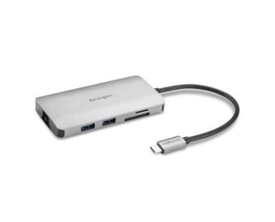 Kensington Hub 8 en 1 Conexion USB-C - Puertos: 3x USB 3.2, 1x USB-C PD hasta 85W, 1x HDMI 2.0, Lector SD y MicroSD - Color Plata