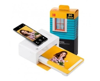 Kodak Dock Plus Pack de Impresora Fotografica Portatil Bluetooth + 80 Hojas de Papel Fotografico 10x15cm - Formato de Impresion 10x15cm - Alimentacion por Bateria - Color Blanco/Amarillo