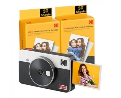 Kodak Mini Shot 2 Retro Pack de Camara Digital Instantanea Bluetooth + 60 Hojas de Papel Fotografico 5.3x8.6cm - Pantalla LCD 1.7\" - Flash Integrado - Espejo para Selfies - Color Blanco/Negro