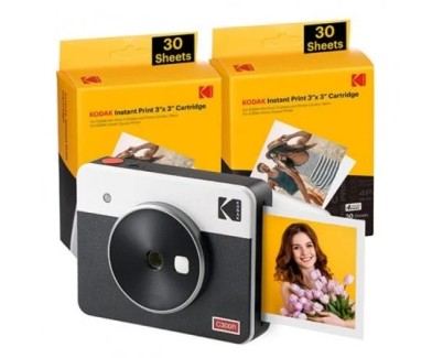Kodak Mini Shot 3 Retro Pack de Camara Digital Instantanea Bluetooth + 60 Hojas de Papel Fotografico 7.62x7.62cm - Pantalla LCD 1.7\" - Flash Integrado - Espejo para Selfies - Color Blanco/Negro
