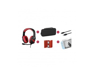 Konix Mythics Gamer Switch Pack Auriculares + Funda de Transporte + Protector Pantalla Vidrio Templado + Estuche para 4 Cartuchos de Juego + Cable USB a USB-C