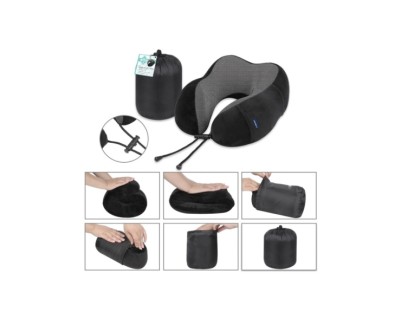 Lagart Almohada Cervical de Viaje con Relleno de Espuma - Funda de Poliester Lavable con Bolsillo - Bolsa de Transporte - Color Negro/Gris