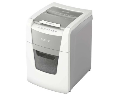 Leitz IQ 100 Autofeed P4 Destructora Automatica de Papel Corte en Particulas P-4 - Autoalimentacion 100 Hojas, Manual 8 Hojas - Capacidad de la Papelera de 34L - Color Blanco/Gris