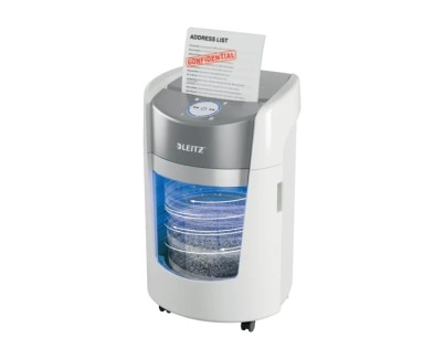 Leitz IQ OptiMax Home Office 350 Destructora de Papel Manual DIN P5 - Destruye hasta 8 Hojas - Tiempo de Funcionamiento Continuo 20m - Papelera de 22L con Tecnologia de Giro - Color Blanco/Gris