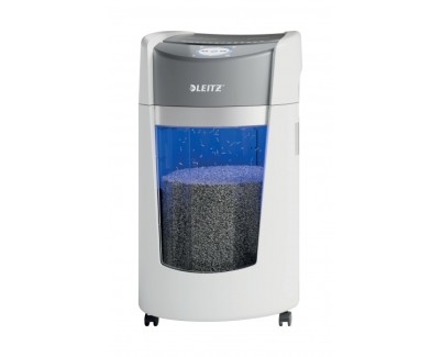 Leitz IQ OptiMax Office Destructora de Papel Manual DIN P5 - Destruye hasta 10 Hojas - Tiempo de Funcionamiento Continuo 120m - Papelera de 35L con Tecnologia de Giro - Color Blanco/Gris