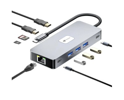Leotec Adaptador 10 en 1 USB-C a 2xHDMI, 1xRJ45, 3xUSB-A 3.0, 1xUSB-C PD, 1xUSB-C, 1xTF/SD+1xMicroSD - Color Gris