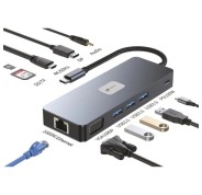 Leotec Adaptador 11 en 1 Plus USB-C a 1xDisplayPort, 1xHDMI, 1xVGA, 1xRJ45, 3xUSB-A 3.2, 1xUSB-C PD, 1xTF+1xSD, 1x Audio - Color Gris