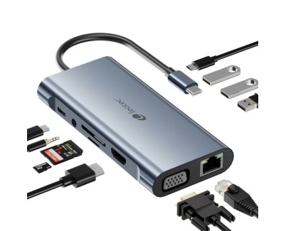 Leotec Adaptador 11 en 1 USB-C a 1xHDMI, 1xVGA, 1xRJ45, 3xUSB-A 3.0, 1xUSB-C PD, 1xUSB-C, 1xTF+1xSD, 1x Audio - Color Gris