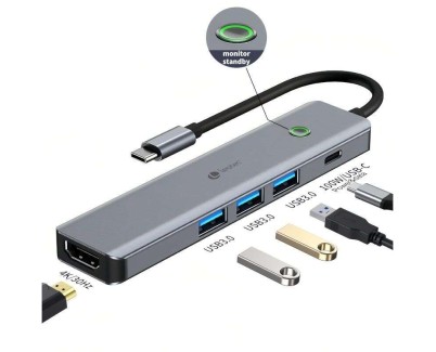 Leotec Adaptador 5 en 1 USB-C a 1xHDMI, 3xUSB-A 3.0,  1xPD 100W+USB-C - Color Gris