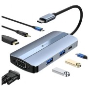 Leotec Adaptador 7 en 1 USB-C a 1xHDMI, 1xVGA, 1xUSB-A 3.0, 1xUSB-A 2.0, 1xUSB-C, 1x USB-C PD, 1xAudio - Color Gris