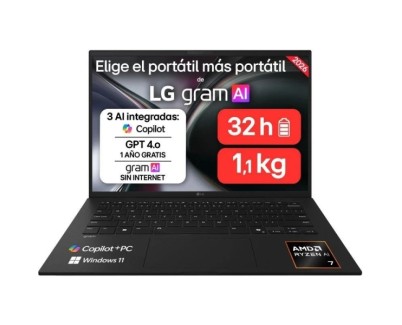 LG Gram 14Z95U-G.AU85BN Portatil 14" AMD Ryzen AI 7 450 - 32GB DDR5 - 512GB SSD - Windows 11 Home - Color Negro - Teclado QWERTY (ES)