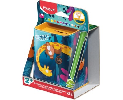 Maped Color`Peps Infinity Jumbo Jungle Caja Metalica con 12 Lapices de Colores de Larga Duracion - La Caja tiene Funcion de Hucha - Hecho Totalmente de Mina - Colores Surtidos