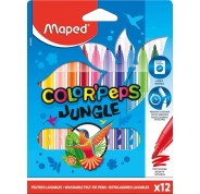Maped Color´Peps Jungle Pack de 12 Rotuladores con Punta Media Bloqueada 2mm - Ojival, Suave y Flexible - Tinta Lavable - Colores Surtidos
