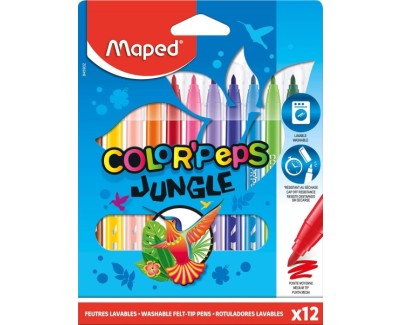 Maped Color´Peps Jungle Pack de 12 Rotuladores con Punta Media Bloqueada 2mm - Ojival, Suave y Flexible - Tinta Lavable - Colores Surtidos