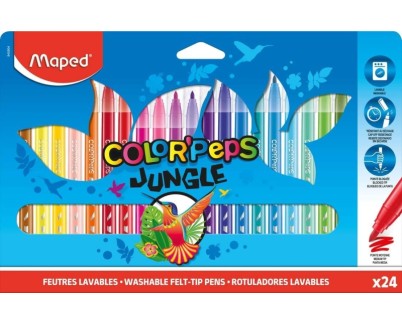 Maped Color´Peps Jungle Pack de 24 Rotuladores con Punta Media Bloqueada 2mm - Ojival, Suave y Flexible - Tinta Lavable - Colores Surtidos
