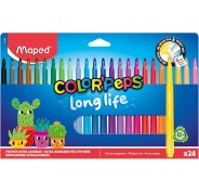 Maped Color`Peps Longlife Pack de 24 Rotuladores con Punta Media Bloqueada 3.7mm - Tinta Lavable - Colores Surtidos
