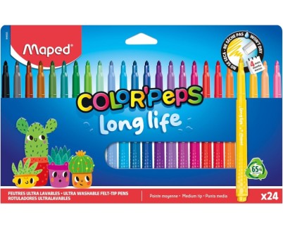 Maped Color`Peps Longlife Pack de 24 Rotuladores con Punta Media Bloqueada 3.7mm - Tinta Lavable - Colores Surtidos