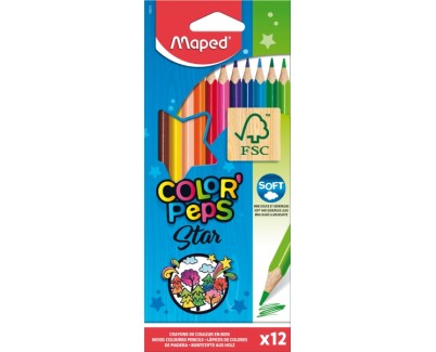 Maped Color´Peps Star Pack de 12 Lapices de Colores Triangulares - Mina Suave - Madera Certificada FSC - Colores Surtidos