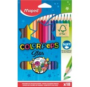 Maped Color´Peps Star Pack de 18 Lapices de Colores Triangulares - Mina Suave - Madera Certificada FSC - Colores Surtidos