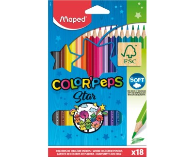 Maped Color&acute;Peps Star Pack de 18 Lapices de Colores Triangulares - Mina Suave - Madera Certificada FSC - Colores Surtidos
