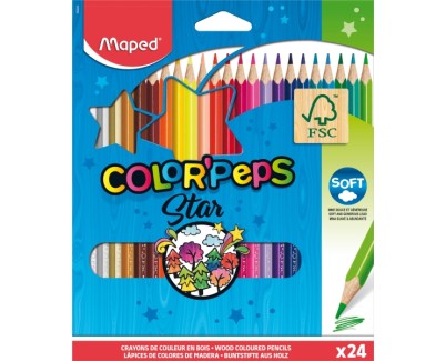 Maped Color&acute;Peps Star Pack de 24 Lapices de Colores Triangulares - Mina Suave - Madera Certificada FSC - Colores Surtidos