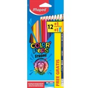 Maped Color´Peps Strong Pack de 12 Lapices Triangulares de Colores + 1 Lapiz de Grafito con Goma + Sacapuntas - Sin Madera - Mina 3,2mm - Punta Ultra Resistente - Colores Surtidos