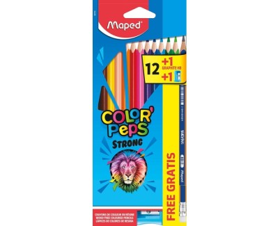 Maped Color&acute;Peps Strong Pack de 12 Lapices Triangulares de Colores + 1 Lapiz de Grafito con Goma + Sacapuntas - Sin Madera - Mina 3,2mm - Punta Ultra Resistente - Colores Surtidos