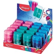 Maped Connect Duo Afilaborra de 2 Orificios con Goma de Borrar - Deposito de Gran Capacidad - Forma Ergonomica - Cuerpo Translucido de Colores Surtidos