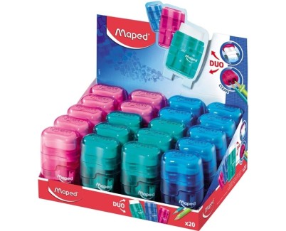Maped Connect Duo Afilaborra de 2 Orificios con Goma de Borrar - Deposito de Gran Capacidad - Forma Ergonomica - Cuerpo Translucido de Colores Surtidos