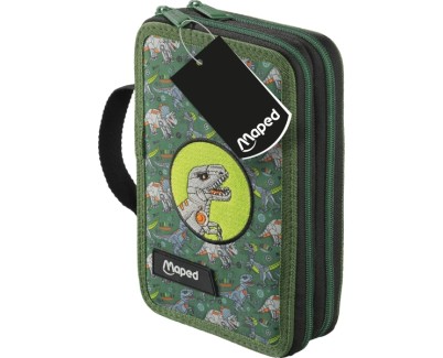 Maped Dinosaurio Estuche de 2 Pisos con 38 Articulos: Goma de Borrar, Sacapuntas, Lapiz de Grafito HB, 2 Boligrafos, Regla, 18 Lapices de Colores, 12 Rotuladores, Tijeras y Subrayador