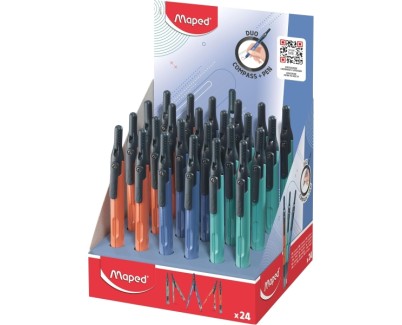 Maped Duo+Pen Expositor con 24 Compases Duo - Compas que se puede Utilizar como Portaminas - Clip de Bolsillo - Colores Surtidos