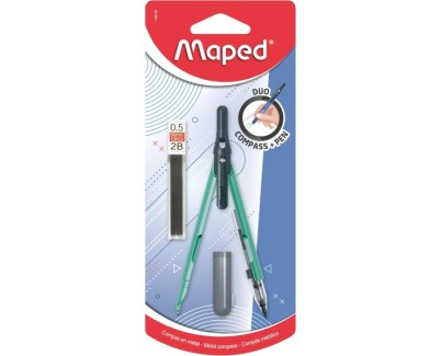 Maped Duo+Pen Pack de Compas Duo + Cajita de Minas - Compas que se puede Utilizar como Portaminas - Clip de Bolsillo - Colores Surtidos Aleatorios