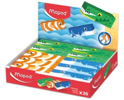 Maped Expositor de 20 Gomas de Borrar con 3 Dise&ntilde;os de Animales - Forma Rectangular - Sin Ftalatos - Colores Surtidos