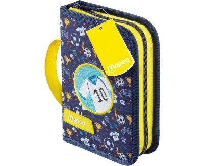Maped Futbol Estuche con 31 Articulos: Goma de Borrar, Sacapuntas, Lapiz de Grafito HB, 2 Boligrafos, Regla, 12 Lapices de Colores, 12 Rotuladores y Subrayador