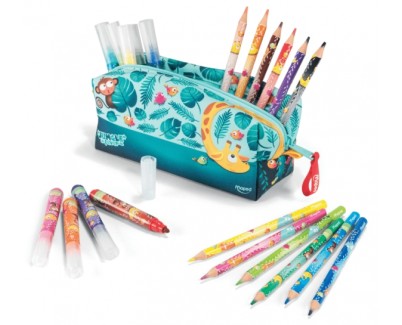 Maped Jungle Fever Bebes Estuche de Tela con 12 Lapices de Colores Jumbo Jungle Fever (A partir de 2 a&ntilde;os) y 12 Rotuladores de Colores Jumbo Jungle Fever (A partir de 1 a&ntilde;o)