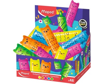 Maped Kawaii Expositor con 48 Mini Marcadores Fluorescentes Neon - Divertidos Dise&ntilde;os Kawaii - Trazo de 1 a 5mm - Ideal para Subrayar y Resaltar - Colores Surtidos
