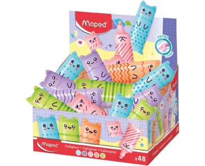 Maped Kawaii Expositor con 48 Mini Marcadores Fluorescentes Pastel - Divertidos Dise&ntilde;os Kawaii - Trazo de 1 a 5mm - Ideal para Subrayar y Resaltar - Colores Surtidos